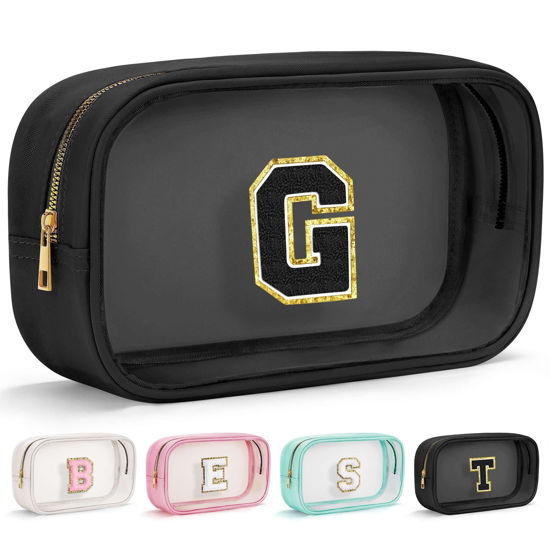 Picture of YOOLIFE Travel Clear Makeup Bag Toiletry Bag, Make up Bag Waterproof Toiletry Bags for Women Cosmetic Bag Birthday Gifts for Women Personalized Mother Girlfriend Wife Bridesmaid Gifts Black Letter G