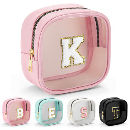 Picture of YOOLIFE Mini Initial Makeup Bag | Clear Makeup Bag | Preppy Cosmetic Bags Travel Essentials Gifts for Women Teen Girlfriend Teacher Birthday Clear Toiletry Bag Small Cosmetic Bag for Purse Pink K