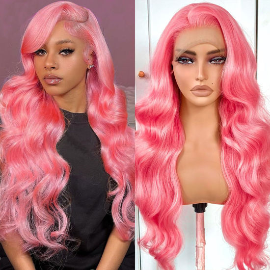 Picture of BOTNNS 28 Inch Pink Lace Front Wig Human Hair 13x4 Pink Lace Front Wigs Human Hair Pre Plucked Pink Body Wave Human Hair Wig 200 Density Pink HD Frontal Wigs Human Hair Color Wigs Human Hair