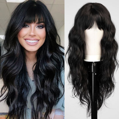 Picture of HAIRCUBE Black Wig with Bangs for Women Long Wavy Hair Wig Black Wig Curly Wavy Synthetic Wigs for Girls Daily Party Use