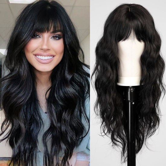 Picture of HAIRCUBE Black Wig with Bangs for Women Long Wavy Hair Wig Black Wig Curly Wavy Synthetic Wigs for Girls Daily Party Use