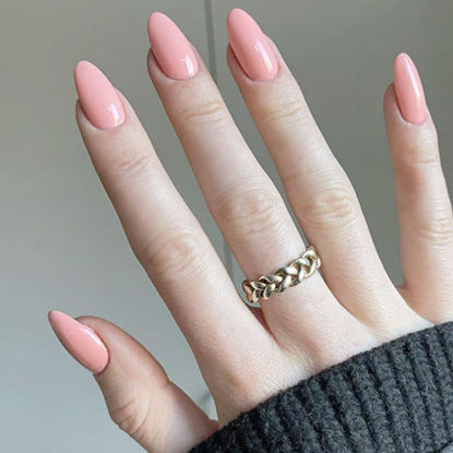 Picture of Creamy Pink Press on Nails Almond, Pure Color Fake Nails Press Ons Medium Almond Shape, Stick on Nails for Women and Girls Daily Wear in 24PCS