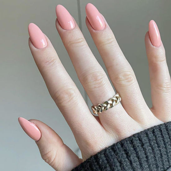 Picture of Creamy Pink Press on Nails Almond, Pure Color Fake Nails Press Ons Medium Almond Shape, Stick on Nails for Women and Girls Daily Wear in 24PCS