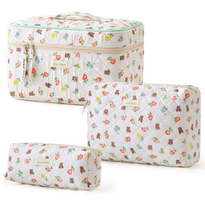 Picture of HBselect Quilted Makeup Bag, 3PCS Cotton Large Travel Makeup Bag, Cute Floral Coquette Make up Bag Cosmetic Bag Toiletry Bag for Women Girls