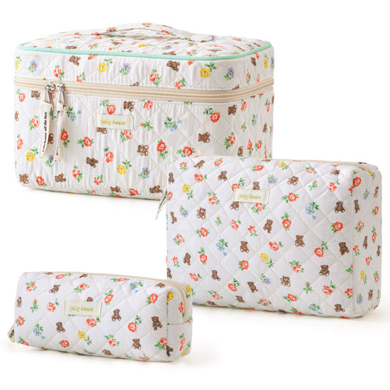Picture of HBselect Quilted Makeup Bag, 3PCS Cotton Large Travel Makeup Bag, Cute Floral Coquette Make up Bag Cosmetic Bag Toiletry Bag for Women Girls