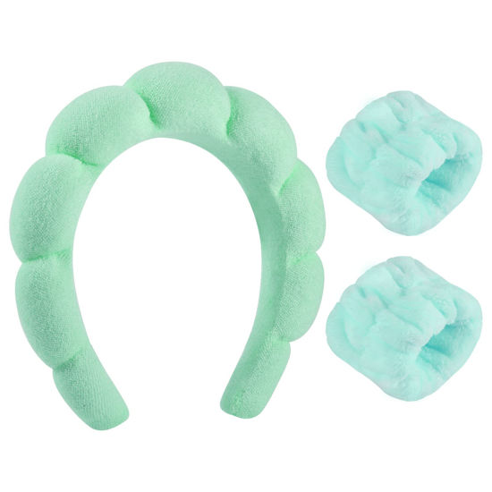 Picture of Sponge Spa Headband for Women, Green Makeup Headband and Wrist Washband Set for Face Washing, Skincare, Shower, Makeup Removal