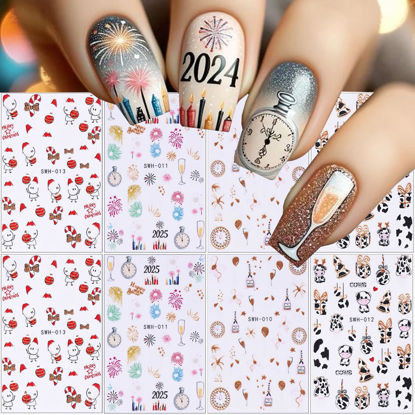 Picture of 8Sheets Christmas Nail Art Stickers,3D Cute Cartoon Cow Light Ball Fireworks Clock 2025 New Year Nail Sticker Colorful Fireworks Design Winter DIY Adhesive Nail Decals for Women Xmas Nail Decoration