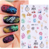Picture of 8Sheets Christmas Nail Art Stickers,3D Cute Cartoon Cow Light Ball Fireworks Clock 2025 New Year Nail Sticker Colorful Fireworks Design Winter DIY Adhesive Nail Decals for Women Xmas Nail Decoration