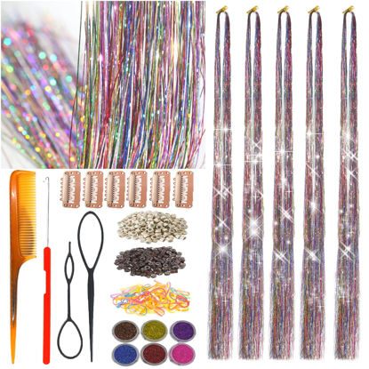 Picture of CelineBella Hair Tinsel Kit with Tools Mixed Colors Rainbow Hair Tinsel Heat Resistant Fairy Hair Extensions 48 Inch Glitter Tinsel Hair Sparkling Shiny Hair Tensile Hair Accessories for Women Girls