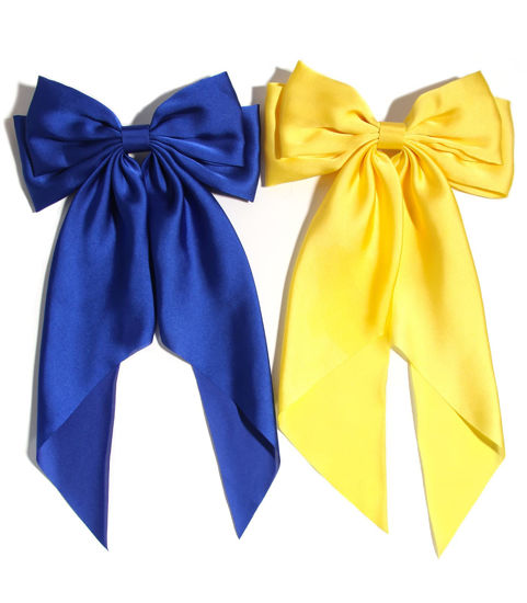Picture of Furling Pompoms Satin Bow Barrettes with Long Tails - Purple and Yellow - Pack of 2 Hair Accessories for Women