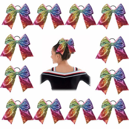 Picture of Oaoleer 12PCS 7" Large Glitter Cheer Hair Bows Ponytail Holder Elastic Band Handmade for Cheerleading Teen Girls College Sports (Rainbow)