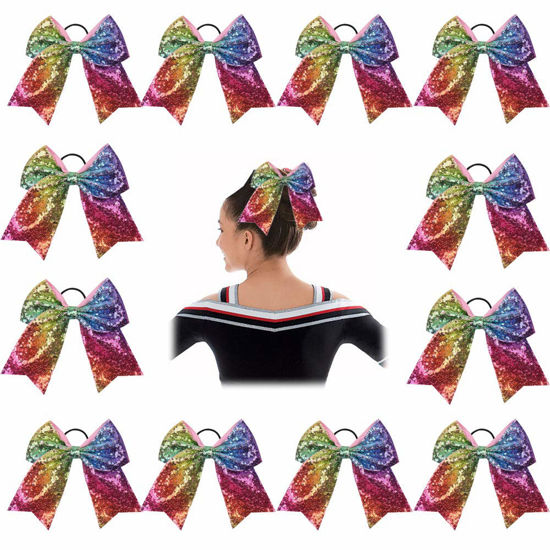 Picture of Oaoleer 12PCS 7" Large Glitter Cheer Hair Bows Ponytail Holder Elastic Band Handmade for Cheerleading Teen Girls College Sports (Rainbow)