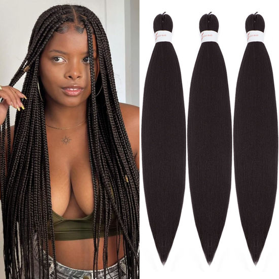 Picture of Braiding Hair Pre Stretched for Women Hair Extensions Box Braids Soft Synthetic Knotless Yaki Texture Hot Water Setting Braid Black (20inch 3Packs)