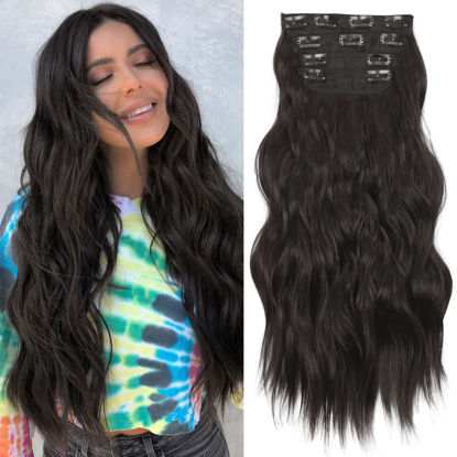 Picture of KooKaStyle Hair Extensions 4PCS Thick Hairpieces Long Wavy Synthetic Clip in Hair Extensions Dark Black Brown Fiber Double Weft Natural Hair Extensions 24Inch for Women