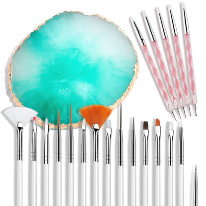 Picture of 21 Pcs Nail Art Brushes Set Gel Nail Art Design Tools with Palette Nail Stuff Nail Tech Supplies 2-way Dotting Pens Acrylic Silicone Manicure Kit DIY Makeup Display Board, Green