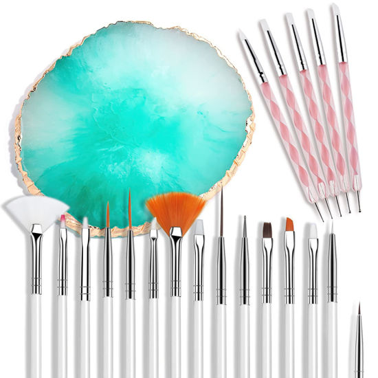 Picture of 21 Pcs Nail Art Brushes Set Gel Nail Art Design Tools with Palette Nail Stuff Nail Tech Supplies 2-way Dotting Pens Acrylic Silicone Manicure Kit DIY Makeup Display Board, Green