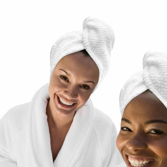 Picture of KEEPOZ Hair Towel Wrap Quick Dry 100% Cotton Super Absorbent Turban Head Wrap for Women with Button, Non Microfiber Anti Frizz Hair Cap for Curly, Long & Thick Hair (White Check, 2 Pcs)