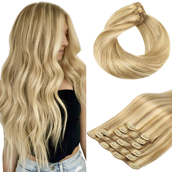 Picture of HOTBANANA Human Hair Clip in Hair Extensions, Balayage Light Blonde Highlighted Golden Blonde (Ash Tone) 120g Clip in Hair Extensions Real Human Hair Straight Remy Hair Extensions 22 Inch 7pcs