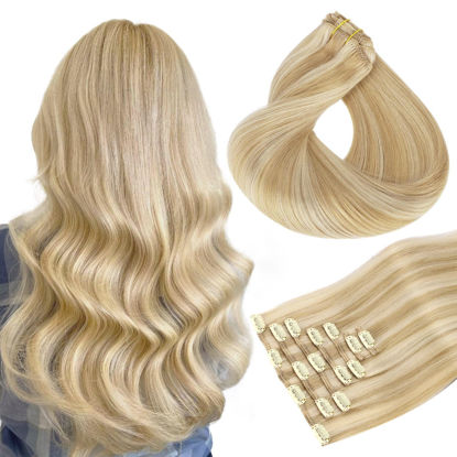 Picture of HOTBANANA Human Hair Clip in Hair Extensions, Dirty Blonde Mixed Bleach Blonde Hair Extensions 120g Clip in Hair Extensions Real Human Hair Straight Remy Hair Clip Ins 16 Inch 7pcs