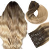 Picture of HOTBANANA Human Hair Clip in Hair Extensions, Balayage Chocolate Brown to Dirty Blonde 120g Clip in Hair Extensions Real Human Hair Straight Remy Hair Clip Ins Dark Roots Ombre 22 Inch 7pcs