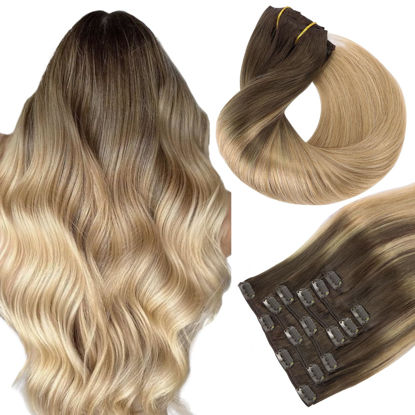 Picture of HOTBANANA Human Hair Clip in Hair Extensions, Balayage Chocolate Brown to Dirty Blonde 120g Clip in Hair Extensions Real Human Hair Straight Remy Hair Clip Ins Dark Roots Ombre 22 Inch 7pcs