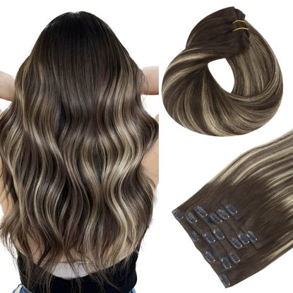 Picture of HOTBANANA Human Hair Clip in Hair Extensions, Balayage Natural Black to Light Blonde 120g Clip in Hair Extensions Real Human Hair Straight Remy Hair Clip Ins Dark Roots Ombre 14 Inch 7pcs