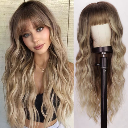 Picture of Lativ Blonde Wig With Bangs Long Wavy Curly Ombre Wig with Dark Root Synthetic Heat Resistant Wigs for Women Daily Party Use 26 Inches