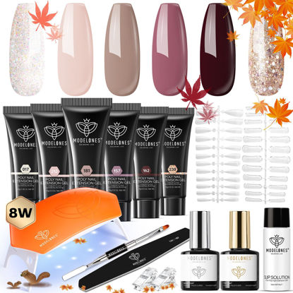 Picture of modelones Poly Gel Nail Kit 6 Colors with 8 W Nail Lamp Fall Winter Autumn Nail Extension Gel Kit Nude Brown Red Glitter Complete Starter Kit for Beginner DIY at Home for Women