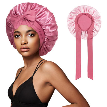 Picture of vidsel Bonnet with Tie Band Satin Bonnet Silk Bonnet for Sleeping Women, Silk Hair Bonnet Reversible Double Layer Sleep Cap Bonnet for Curly Hair Braids