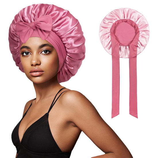 Picture of vidsel Bonnet with Tie Band Satin Bonnet Silk Bonnet for Sleeping Women, Silk Hair Bonnet Reversible Double Layer Sleep Cap Bonnet for Curly Hair Braids