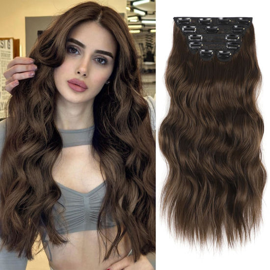 Picture of Vigorous Clip in Hair Extensions 20Inch Hair Extensions Clip Ins 6Pcs Long Wavy Hairpieces(Medium Brown)