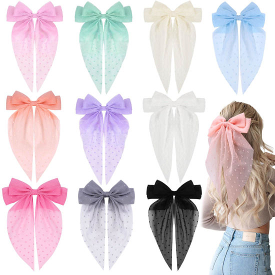 Picture of 10 PCS Big Hair Bows for Women Girls,TOKUFAGU Large Hair Ribbon Bow Barrette Clips for Girls,Hair Bows with Long Tail Vintage French Hair Accessories for Women (Thin gauze with small balls)