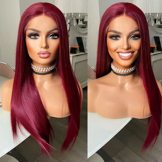 Picture of WXHWCX Long Straight Synthetic Lace Front Wig For Women Smooth Wig Wine Red Free Part Synthetic Lace Wigs High Density Daily wigs 24 inch