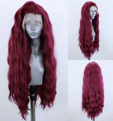 Picture of WXHWCX Wine Red Synthetic Lace Front Wigs Free Part Loose Wave Heat Resistant Natural Hairline Fiber Hair Glueless Lace Wigs for Women Cosplay Wigs