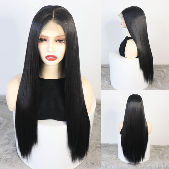 Picture of WXHWCX 13×6 Long Straight Synthetic Lace Front Wig For Women Smooth Wig Middle Part Black Synthetic Lace Wigs High Density Daily wigs For Women Party Wigs