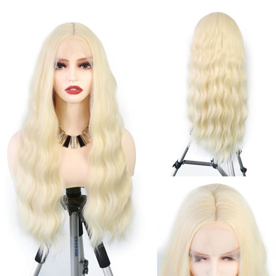 Picture of WXHWCX Blonde #613 Synthetic Lace Front Wigs Middle Part Loose Wave Heat Resistant Natural Hairline Fiber Hair Glueless Lace Wigs for Women Cosplay Wigs
