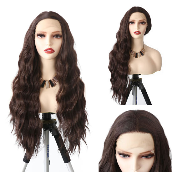Picture of WXHWCX Long Brown Middle Part Wavy Wig For Women Heat Resistant Fiber Hair Synthetic Lace Front Wigs Daily Party Use Wigs