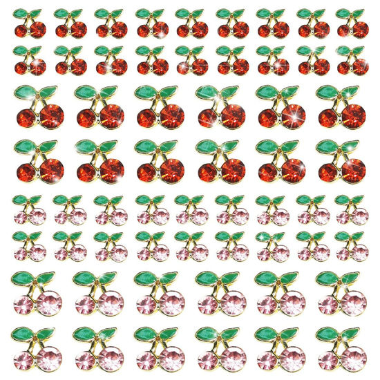Picture of qiipii 60 Pcs 3D Cherry Nail Charms Cherry Nail Rhinestones Nail Art Shiny Gems Nail Studs Cute Fruit Nail Diamond Crystal Luxury Jewelry for Nails Face Makeup Women Crafts DIY(Pink/Red Gold, 6mm/8mm)