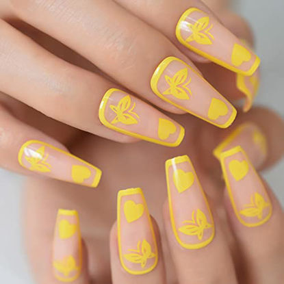 Picture of Coolnail Glossy Yellow Butterfly Heart French Ballerina Coffin False Nail UV Press on Ballet Fake Nails Tips Salon Daily Wear for Girls