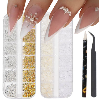 Picture of HNUIX Nail Art Charms - Metal Silver & Gold Beads, Flat back Round Rhinestones, Small Nail Pearls, 3D Mixed Sizes Decorations for Nails