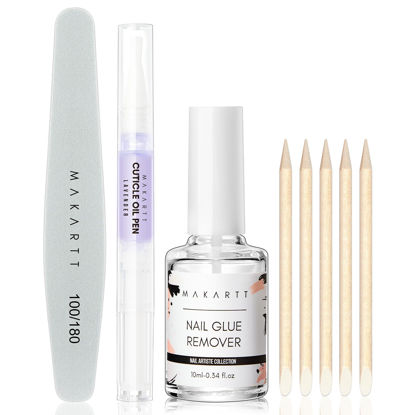 Picture of Makartt Nail Glue Remover Kit, for Press on Nails, 10ML Glue Off, 100/180 Grit Nail File Buffer, 5ML Cuticle Oil, All in One Press On Nails Remover and Nail Care Kit