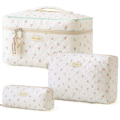Picture of HBselect Quilted Makeup Bag, 3PCS Cotton Large Travel Makeup Bag, Cute Floral Coquette Make up Bag Cosmetic Bag Toiletry Bag for Women Girls
