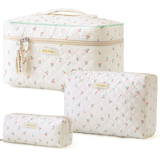 Picture of HBselect Quilted Makeup Bag, 3PCS Cotton Large Travel Makeup Bag, Cute Floral Coquette Make up Bag Cosmetic Bag Toiletry Bag for Women Girls