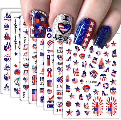 Picture of 8Sheets 4th of July Nail Art Stickers Decals Red Blue White American Flag 3D Self-Adhesive Nail Decals Flame Butterfly Heart Designs Independence Day Nail Decorations DIY Nail Supplies for Women Kids
