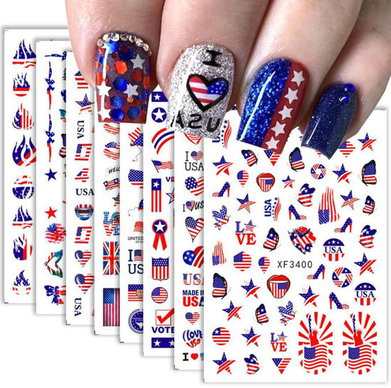 Picture of 8Sheets 4th of July Nail Art Stickers Decals Red Blue White American Flag 3D Self-Adhesive Nail Decals Flame Butterfly Heart Designs Independence Day Nail Decorations DIY Nail Supplies for Women Kids