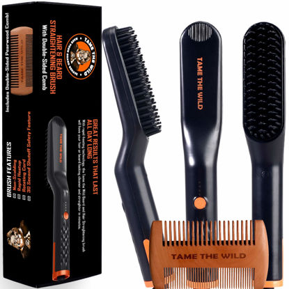 Picture of TAME The Wild Beard Brush and Beard Straightener for Men - Ionic Heated Comb with 3 Adjustable Temps - Wooden Beard Comb for Grooming - Anti-Scald Safety - for All Hair Types