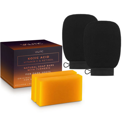 Picture of VALITIC 2 Pack Kojic Acid Vitamin C & Retinol Soap Bars for Dark Spot & A Pair Of Black Exfoliating Gloves for Body Scrubs
