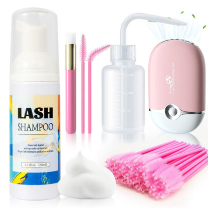 Picture of Buqikma Lash Shampoo for Lash Extensions - 60ML Lash Extension Cleanser with Lash Fan Cleaning Brush Rinse Bottle and 50 Pcs Mascara Brush, Rich Foam Lash Wash for Eyelash Extension Home Use(Pink)