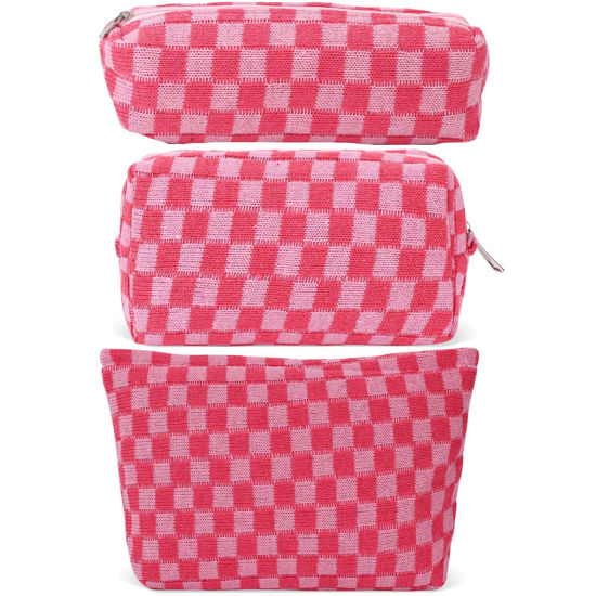 Picture of LYDZTION Large Capacity Makeup Bag Set - 3 Pieces Checkered Cosmetic Bag for Women Travel Makeup Bag Organizer Cute Makeup Brushes Storage Bag Travel Toiletry Bag Storage Bag for Women,Pink