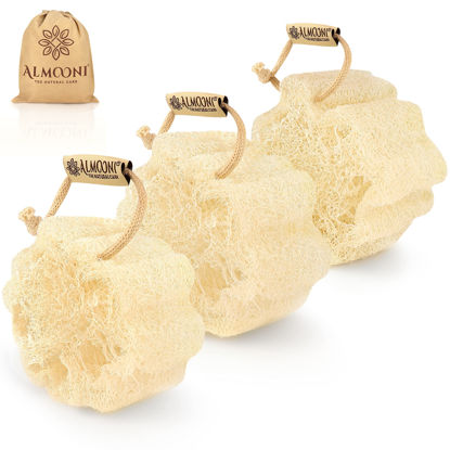 Picture of Almooni Mini Natural Loofah Sponge - Real Egyptian Shower Exfoliating Loofah - Small Loofah Scrubber for The Perfect Grip - 3 Count(1 Pack)